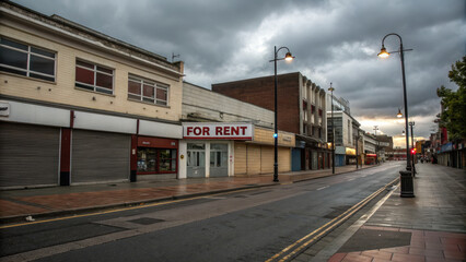 Obraz premium Economic emergency concept, Empty street with closed shops on stormy gloomy day