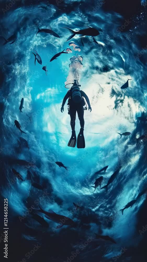 Poster scuba diver explores the deep ocean, surrounded by fish, with air bubbles ascending towards the surf
