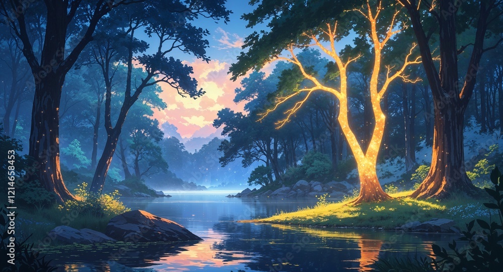 Wall mural Enchanted glowing trees near serene lake atmosphere on anime background