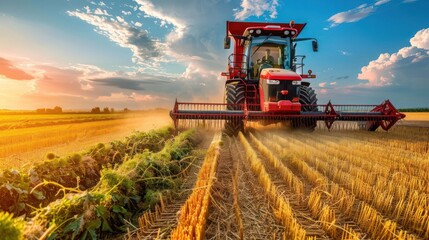 Obraz premium Vibrant sunset over a tractor harvesting wheat in a golden field with distant hills