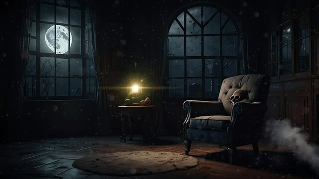 The sofa is in a dark and creepy room during a full moon. Seamless 4K looping timelapse video animation background