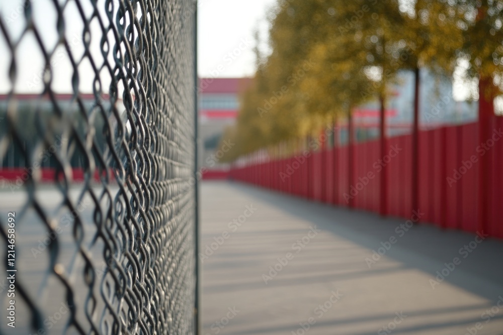 Poster a chain link fence with a red building visible in the background
