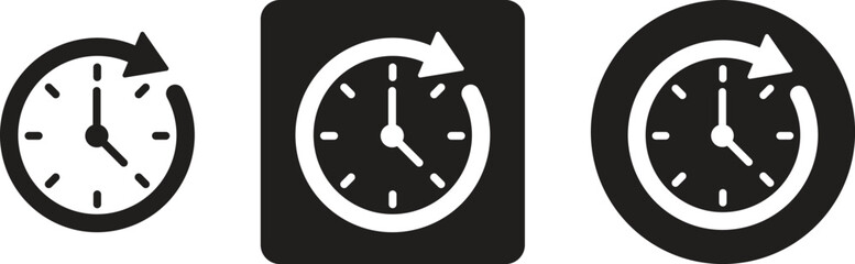 Collection of vector icons of clock and arrows in silhouette style. Symbols of timer, update and deadline icons. Vector illustration