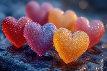 Fototapeta premium A collection of colorful gummy hearts arranged on a flat surface, ideal for use in illustrations or designs related to love, friendship, and celebration