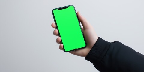 Youthful tan hand holding phone with green screen