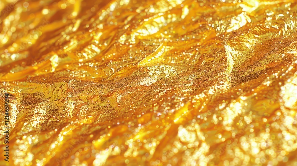 Poster Close-up of shimmering golden surface with intricate textures reflecting light, ideal for abstract backgrounds
