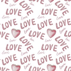 Seamless watercolor pattern with &ldquo;LOVE&rdquo; text, hearts, and romantic calligraphy in pink tones on a white background. Perfect for Valentine&rsquo;s Day and wedding decor,Romantic seamless pattern with waterco