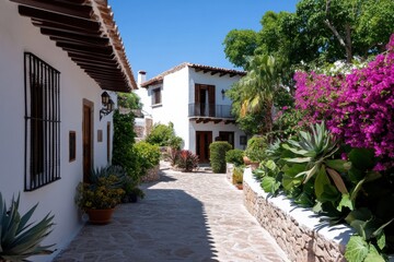 Fototapeta premium A serene garden pathway leading to elegant homes surrounded by lush greenery, showcasing the adoration of nature and tranquility in a picturesque landscape.