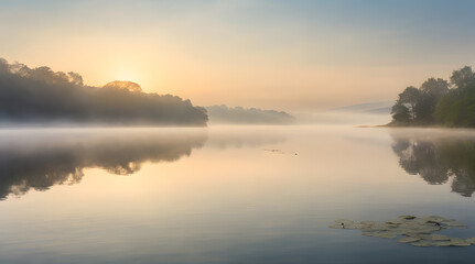 Fototapeta premium Sunrise Over a Misty Lake