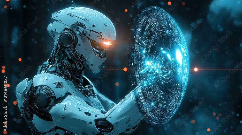 Poster futuristic robot holding a glowing digital disk with a dark and orbs background
