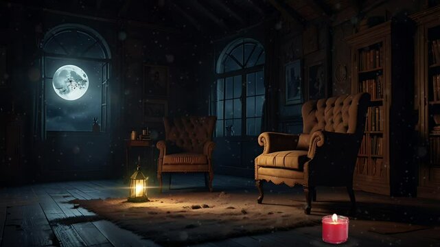 The sofa is in a dark and creepy room during a full moon. Seamless 4K looping timelapse video animation background