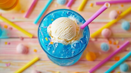 Soda float flatlay with vibrant colors on wooden table