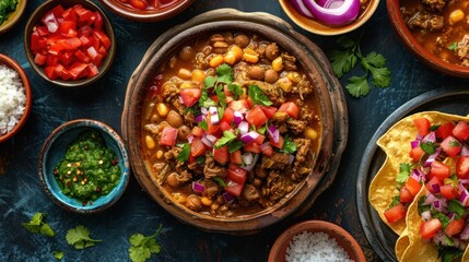 A vibrant display of a traditional meal featuring hearty stew, fresh toppings, and colorful sides