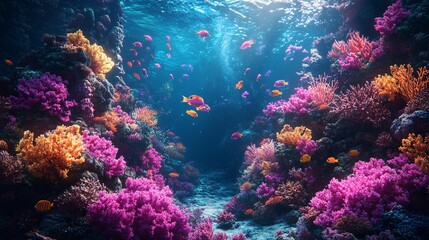 Naklejka premium Underwater tropical fishes swimming through vibrant coral reefs, creating a colorful marine panorama, perfect for oceanarium, wildlife, and snorkeling designs.