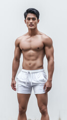 Fototapeta premium The handsome Asian male in white swimming pant