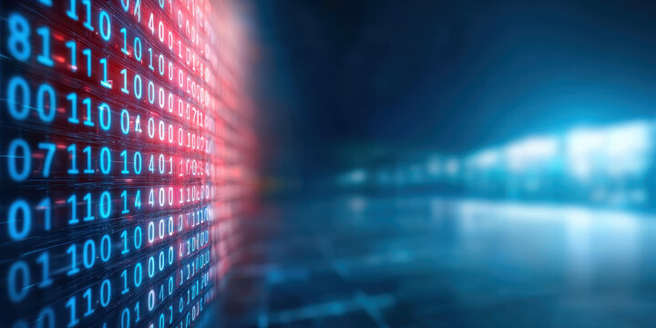 Digital binary code with glowing data streams in futuristic setting
