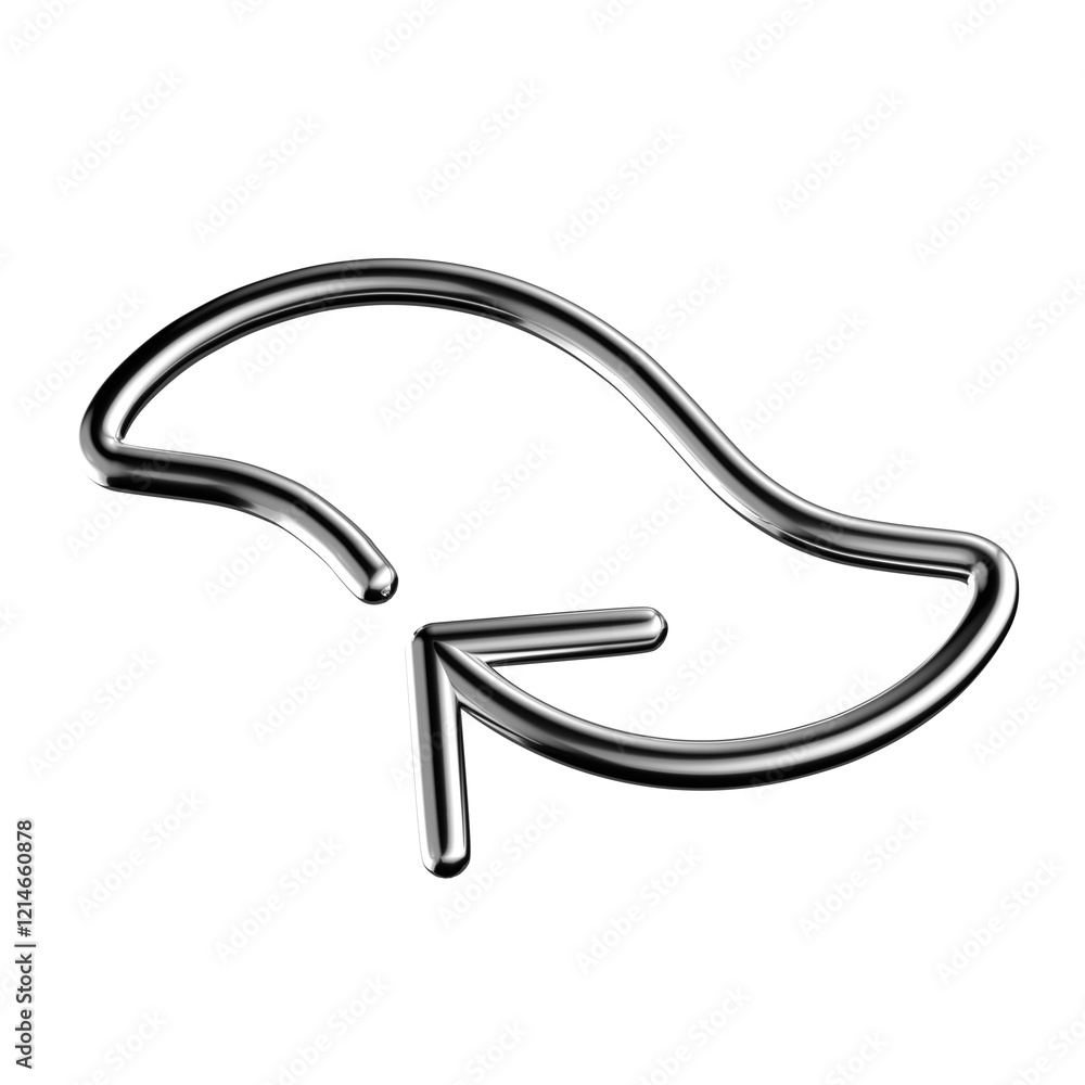 Poster metallic squiggle line with arrow turn around 3d shape isolated. futuristic chrome 360 degree rotati