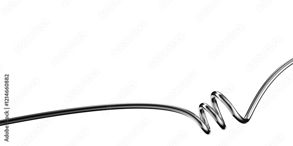 Fototapete Metallic twisted line 3D shape isolated. Futuristic chrome metal spring element banner, abstract tangled curved metal spiral line frame border