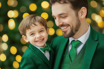 Close-up of a man and child in green suits celebrating St. Patrick's Day. Advertising banner for St. Patrick's Day. A bright and festive day.