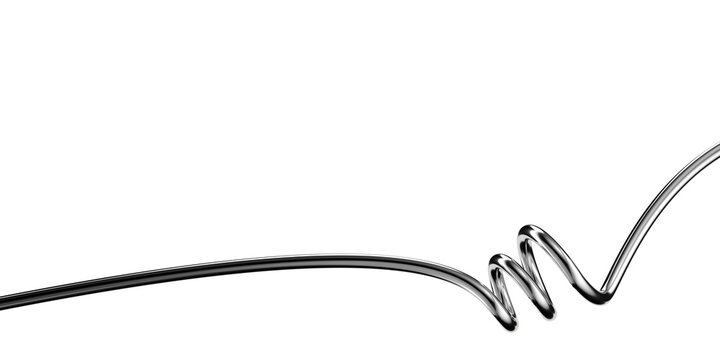 Metallic twisted line 3D shape isolated. Futuristic chrome metal spring element banner, abstract tangled curved metal spiral line frame border