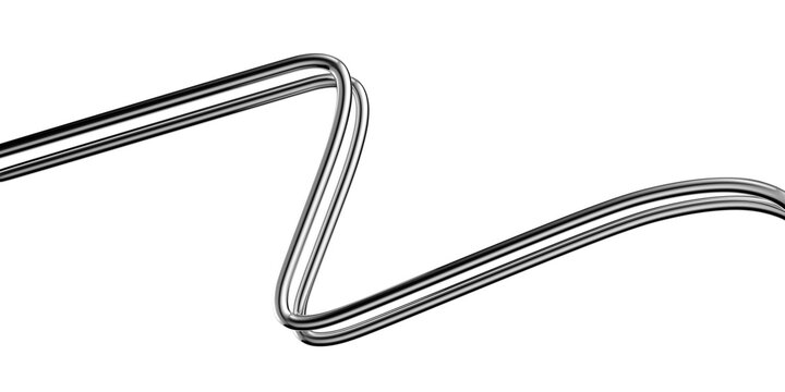 Bent metal wire 3D shape isolated. Futuristic chrome squiggle line banner, abstract curved metal element