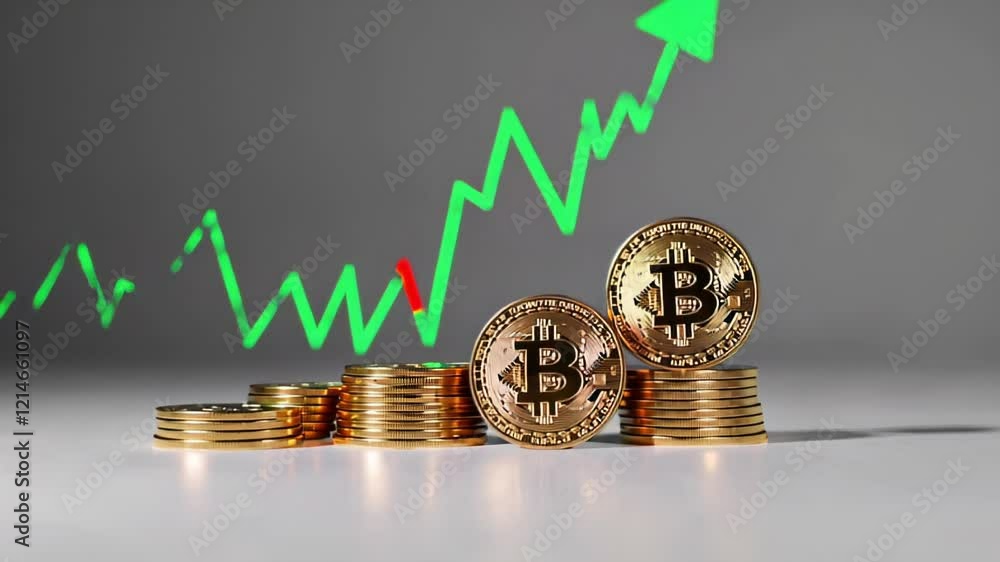 Poster stacks of gold bitcoin coins with green upward trend line and arrow suggesting increasing value and 