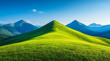 Lush green mountain range, sunny day, scenic view, travel poster