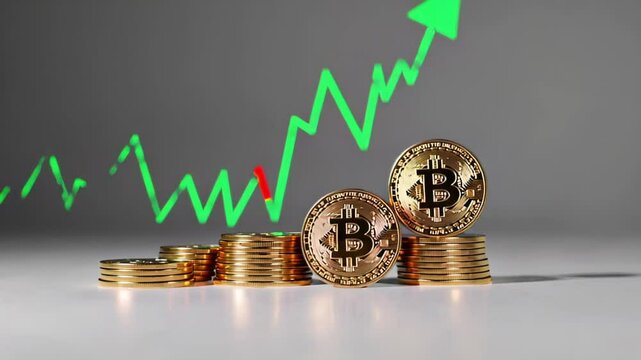 Stacks of gold bitcoin coins with green upward trend line and arrow suggesting increasing value and positive future for cryptocurrency investment