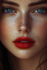 Naklejka premium Close-up portrait of a woman with distinctive freckles on her face