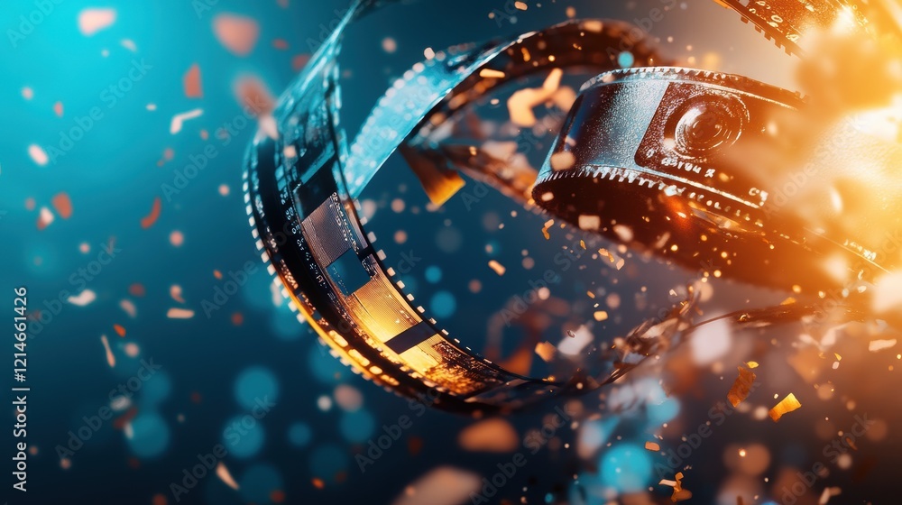 Poster camera lens with blur effect and sparks creating an artistic photography composition