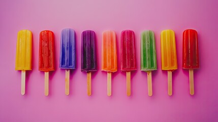 Fototapeta premium Vibrant popsicles in various fruity colors arranged neatly on a soft pink backdrop, creating a refreshing visual