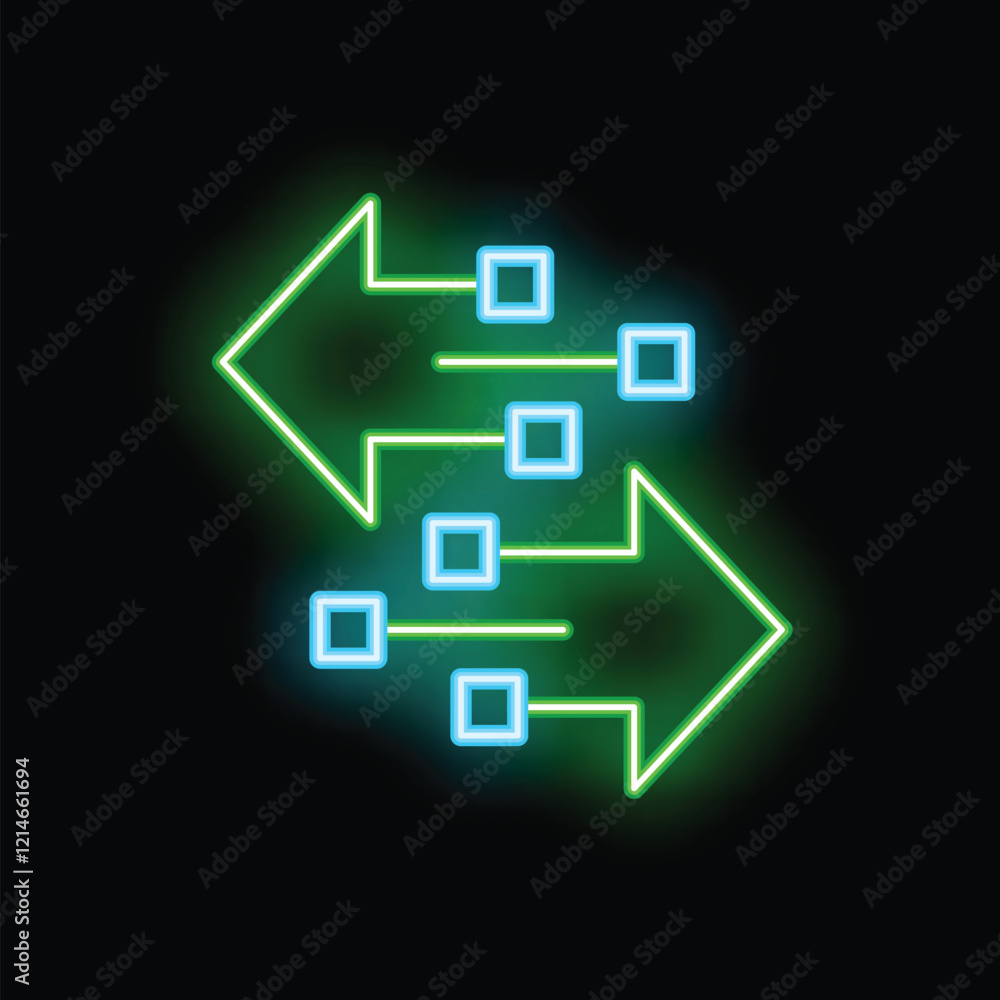 Poster two neon arrows pointing in opposite directions are exchanging data through network connections