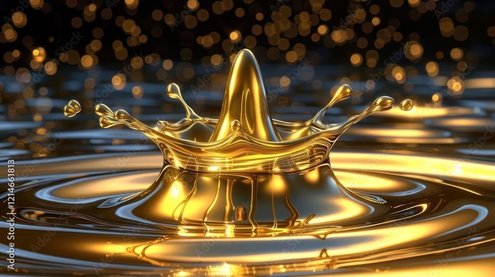 Poster golden liquid splash creating ripples in a shimmering background with soft bokeh lights