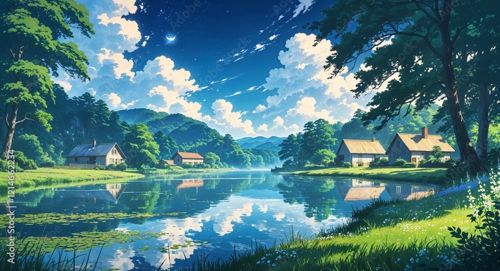 Wall mural Hyperdetailed countryside lake scene magic on anime background