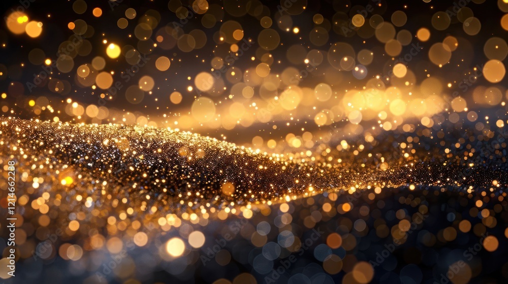 Poster shimmering golden particles cascade over a dark surface, creating a magical atmosphere