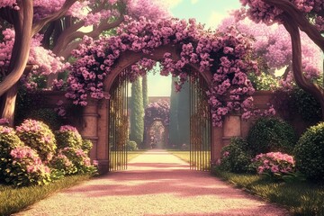 Fototapeta premium Fantasy Illustration of a Garden Gate Adorned with Flowers
