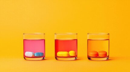 Vitamin and metabolism essential, Three transparent glasses filled with colorful liquids and capsules, set against a vibrant yellow background.
