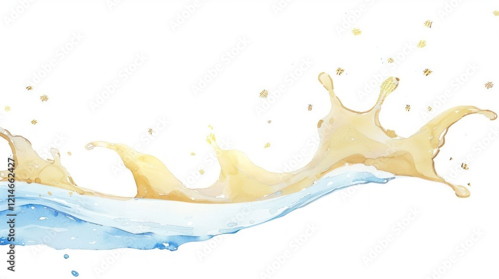 Poster splash of water and golden droplets creating a dynamic visual effect on a white background