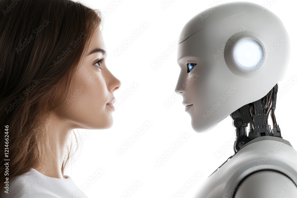 Poster a person studying the features of a robot's facial expression
