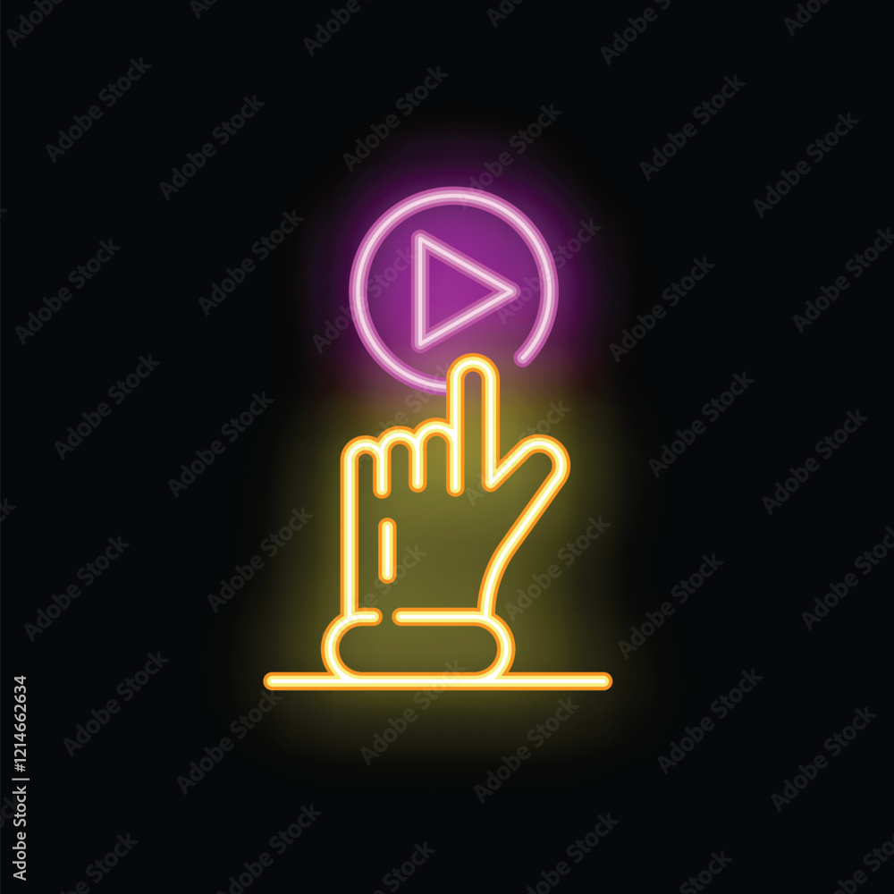 Poster neon icon of a hand with its index finger pressing a play button, set against a black background