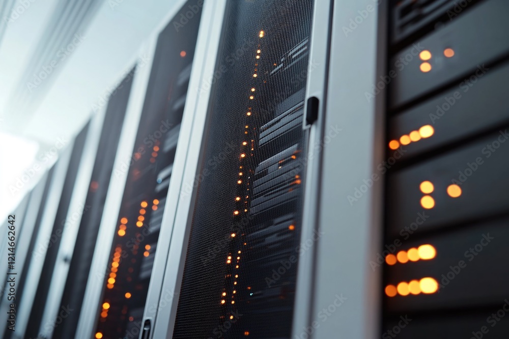 Poster a row of servers in a server room with computer equipment and wires