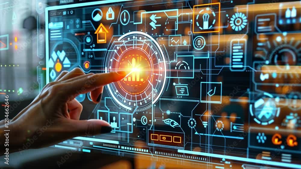 Poster In a contemporary office setting, an individual is touching a high-tech holographic interface, highlighting digital graphics and interactive elements that enhance productivity.