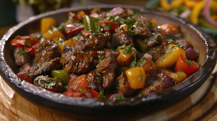 Sizzling beef fajitas served in a traditional skillet with colorful peppers and herbs