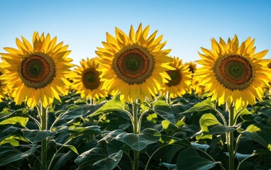 Obraz premium A Vibrant Field of Sunflowers Under a Clear Blue Sky during a Sunny Day