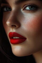 Naklejka premium Close-up portrait of a woman wearing bright red lipstick, focus on facial features