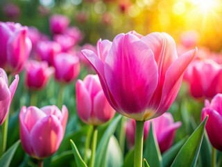 Fototapeta premium Spring Garden Delight: Blooming Pink Tulips in Soft Focus