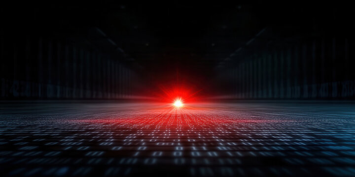 glowing red light illuminates digital landscape filled with binary streams, creating futuristic atmosphere