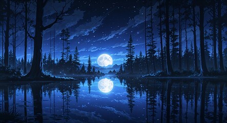 Hyperdetailed starlit forest reflections moonlit on anime background