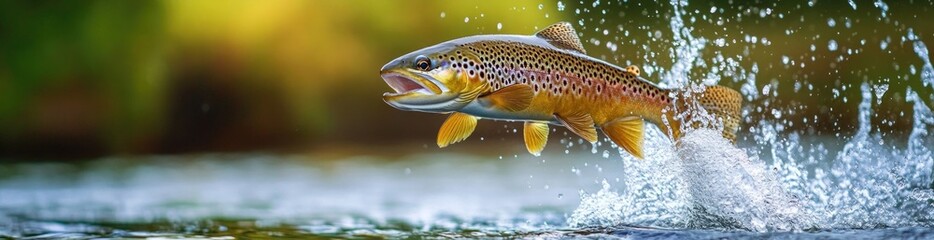 Fototapeta premium A brown trout leaps from the water, creating splashes in its attempt to escape. In the background, a fishing shop is visible, hinting at an early morning fishing adventure, banner.