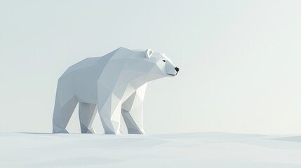Fototapeta premium Arctic Reflections: Low-Poly Stylized Polar Bear in Minimalist Cinematic Environment with Ultra-Detailed White Geometry